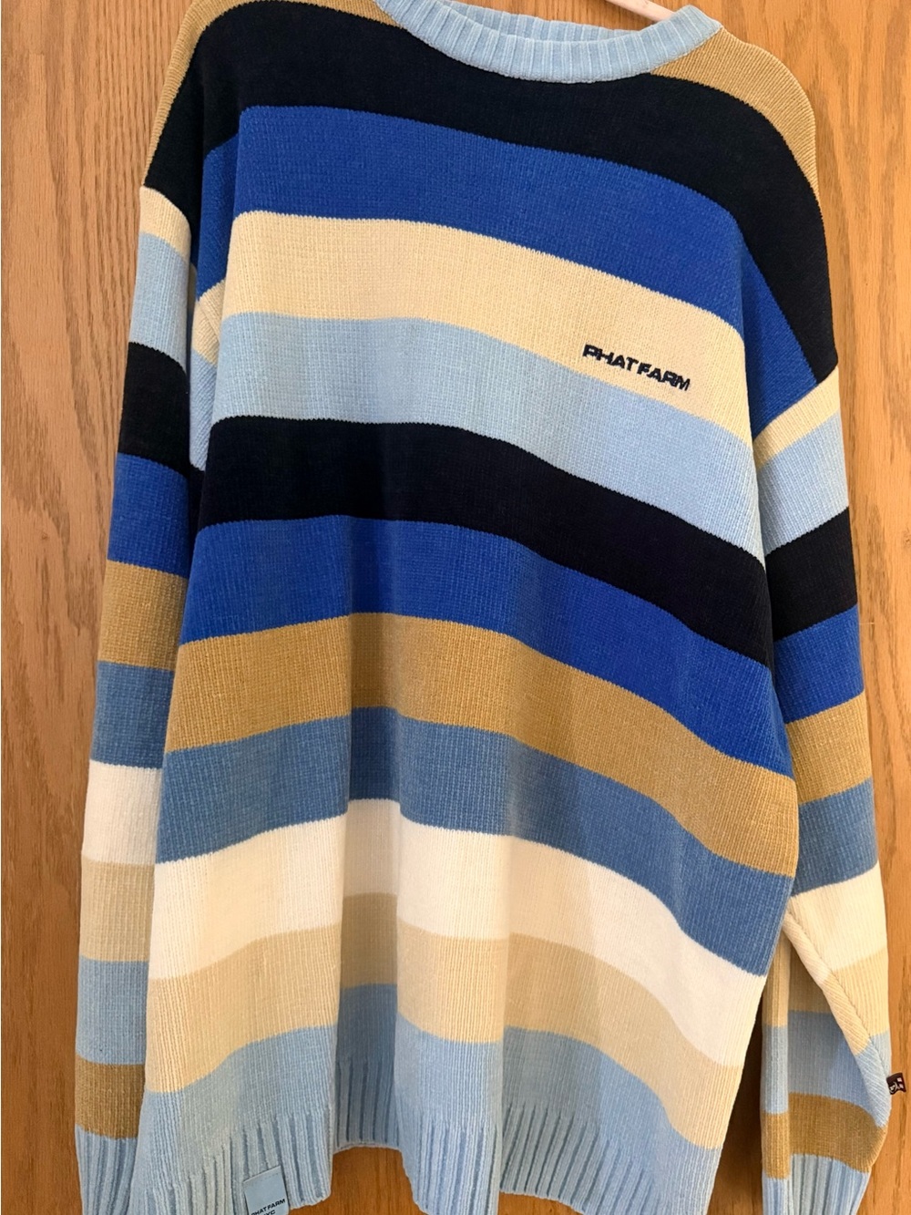 Phat Farm Blue, Light Blue, Tan & Cream Striped Crewneck Sweater